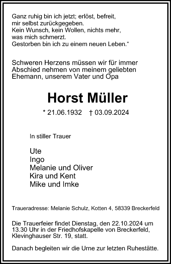 Traueranzeige von Horst Müller von Tageszeitung