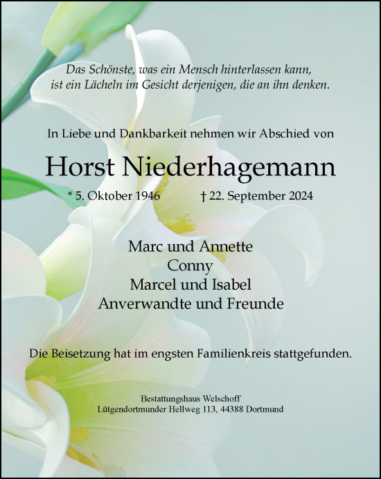 Traueranzeige von Horst Niederhagemann von Tageszeitung