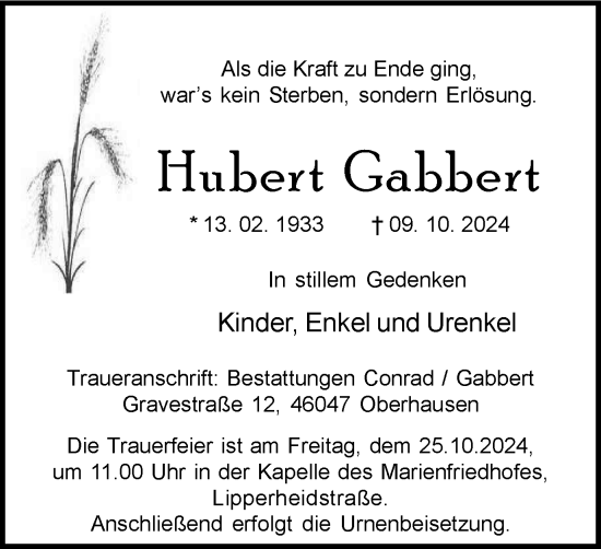 Traueranzeige von Hubert Gabbert von Tageszeitung