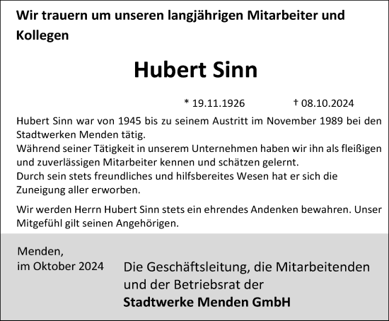 Traueranzeige von Hubert Sinn von Tageszeitung