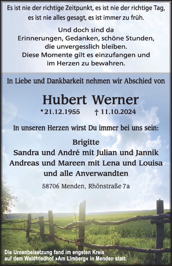 Traueranzeige von Hubert Werner von Tageszeitung