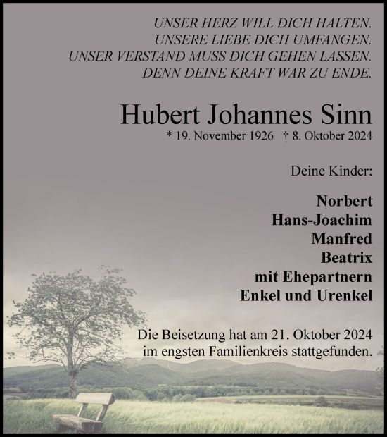 Traueranzeige von Hubert Johannes Sinn von Tageszeitung