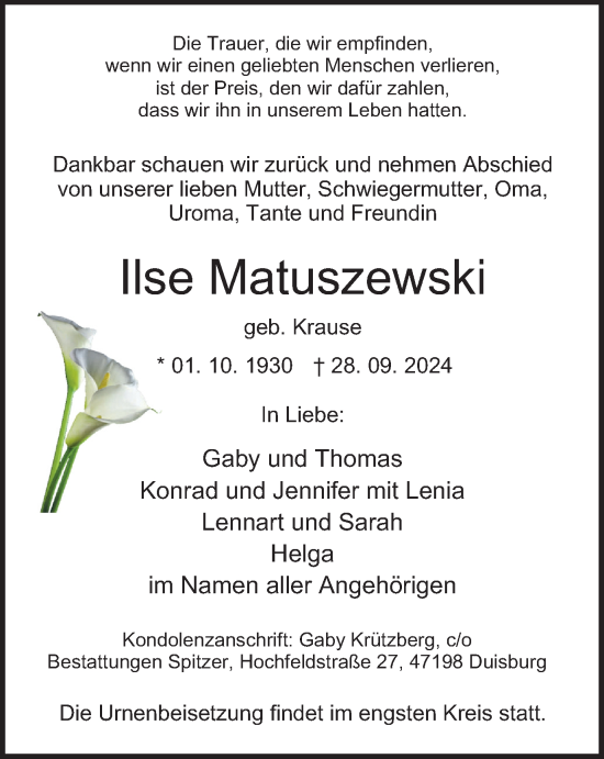 Traueranzeige von Ilse Matuszewski von Tageszeitung