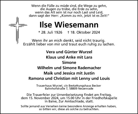 Traueranzeige von Ilse Wiesemann von Tageszeitung