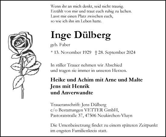 Traueranzeige von Inge Dülberg von Tageszeitung