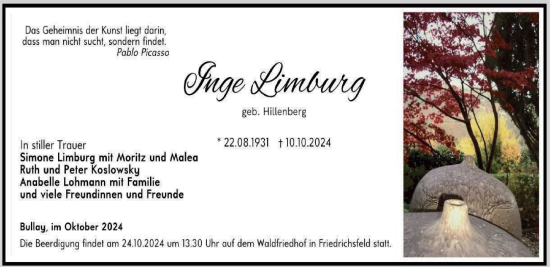 Traueranzeige von Inge Limburg von Tageszeitung