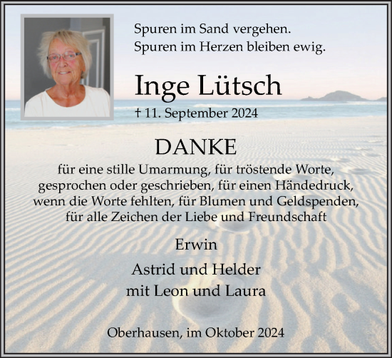 Traueranzeige von Inge Lütsch von Tageszeitung