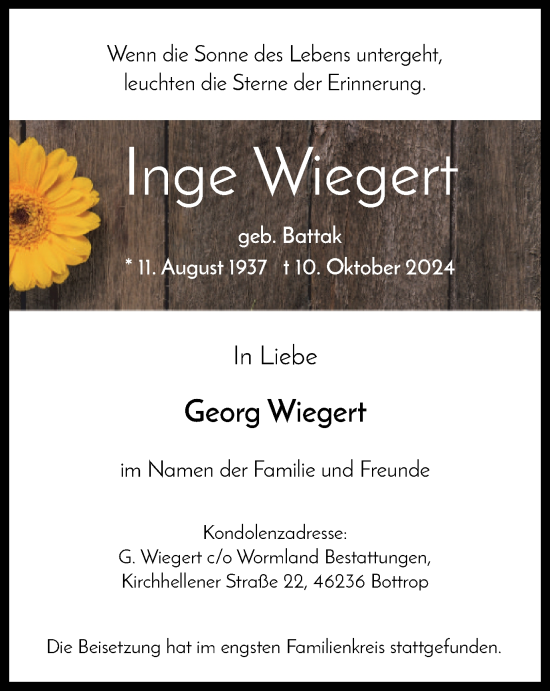 Traueranzeige von Inge Wiegert von Tageszeitung