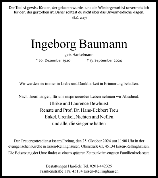 Traueranzeige von Ingeborg Baumann von Tageszeitung