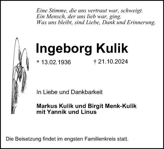 Traueranzeige von Ingeborg Kulik von Tageszeitung