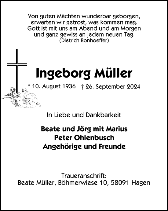 Traueranzeige von Ingeborg Müller von Tageszeitung