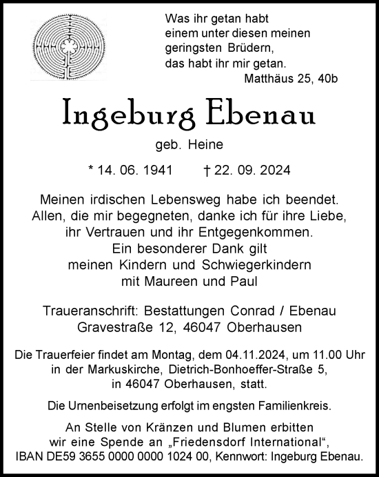 Traueranzeige von Ingeburg Ebenau von Tageszeitung
