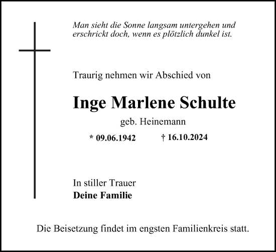 Traueranzeige von Inge Marlene Schulte von Tageszeitung