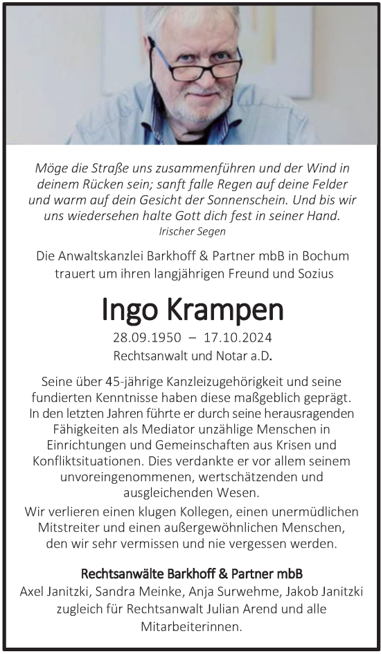 Traueranzeige von Ingo Krampen von Tageszeitung