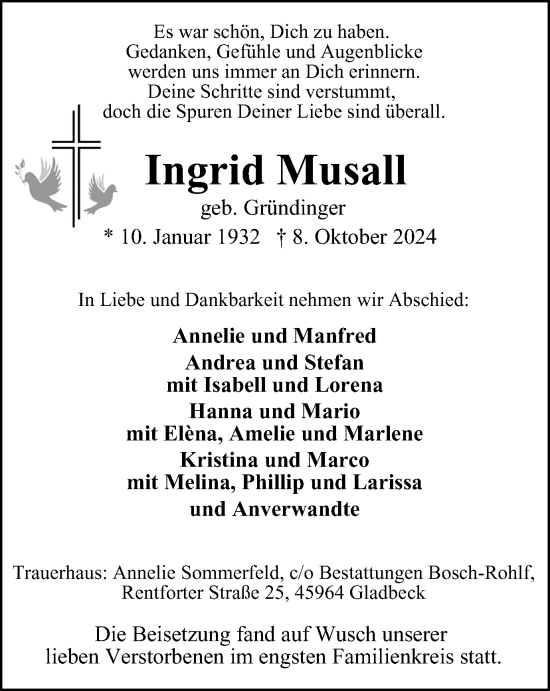Traueranzeige von Ingrid Musall von Tageszeitung