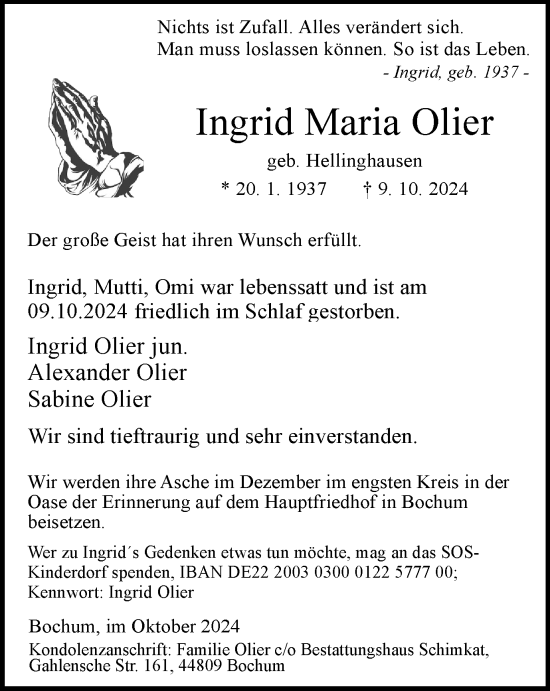 Traueranzeige von Ingrid Maria Olier von Tageszeitung