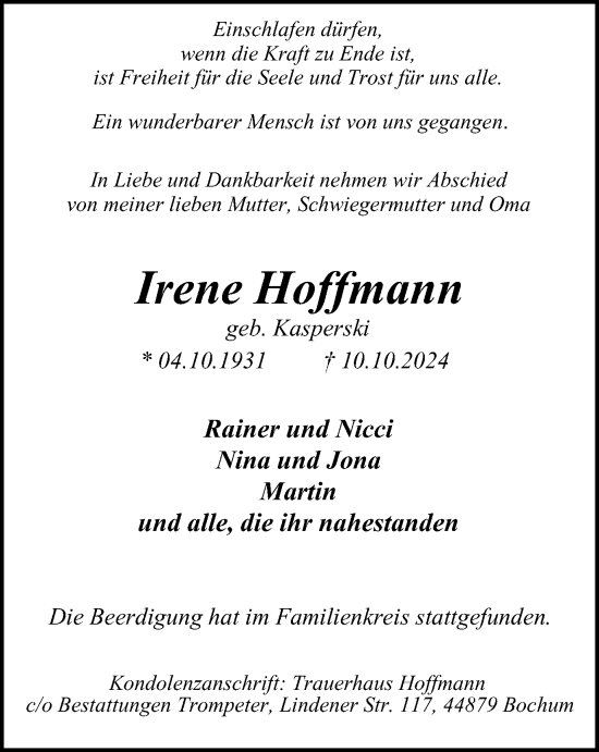 Traueranzeige von Irene Hoffmann von Tageszeitung