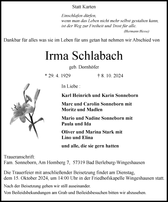 Traueranzeige von Irma Schlabach von Tageszeitung