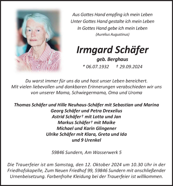 Traueranzeige von Irmgard Schäfer von Tageszeitung