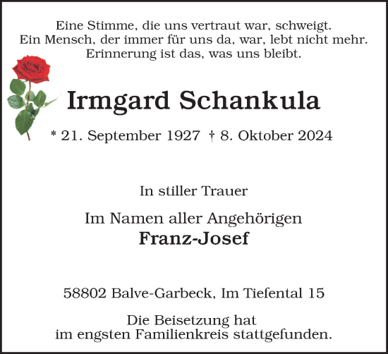 Traueranzeige von Irmgard Schankula von Tageszeitung
