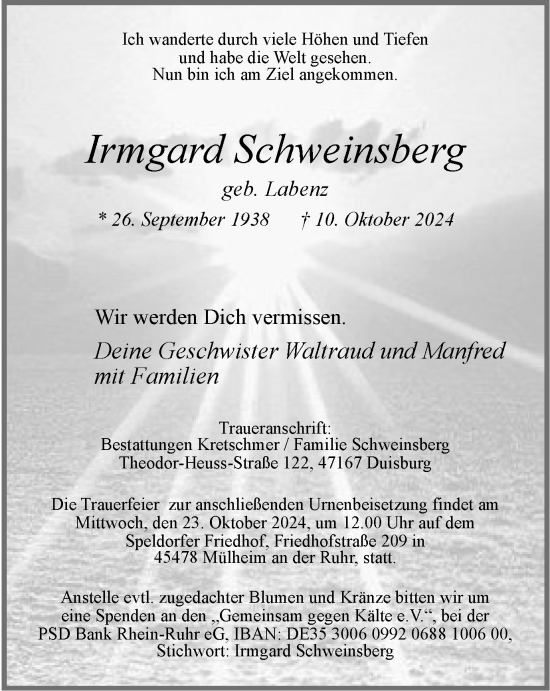 Traueranzeige von Irmgard Schweinsberg von Tageszeitung