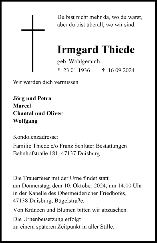 Traueranzeige von Irmgard Thiede von Tageszeitung