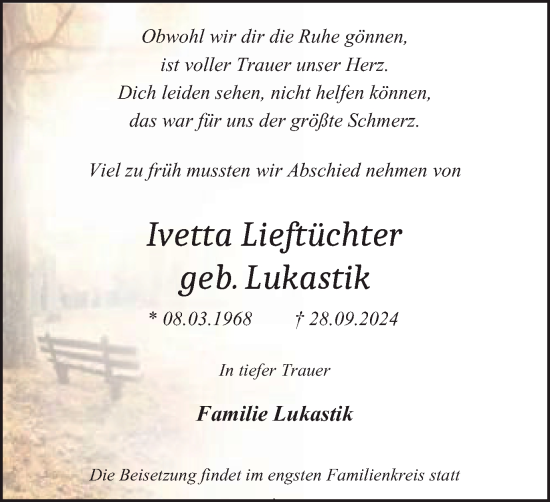 Traueranzeige von Ivetta Lieftüchter von Tageszeitung