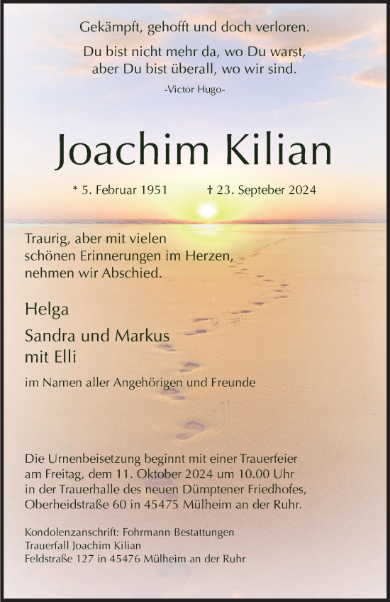 Traueranzeige von Joachim Kilian von Tageszeitung