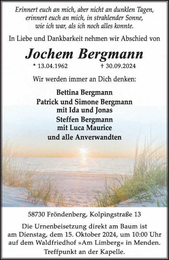 Traueranzeige von Jochem Bergmann von Tageszeitung