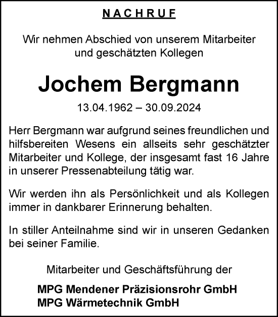 Traueranzeige von Jochem Bergmann von Tageszeitung
