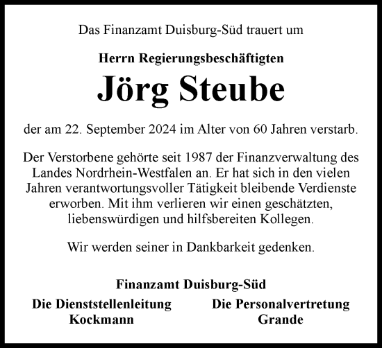 Traueranzeige von Jörg Steube von Tageszeitung
