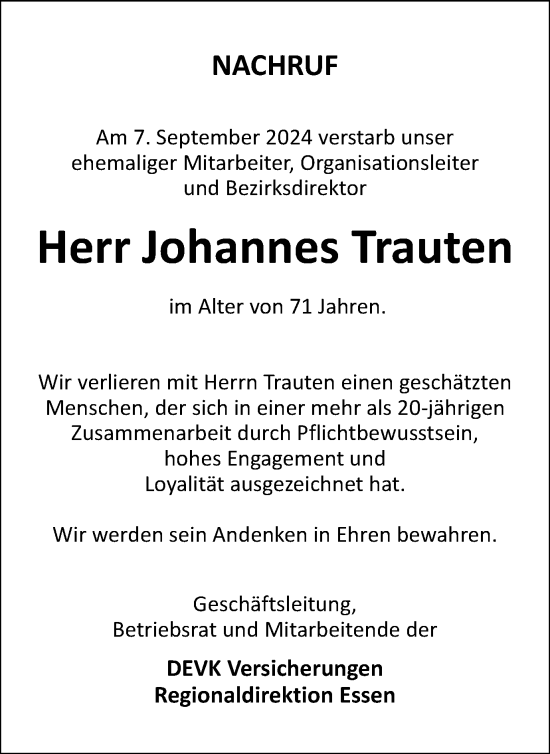 Traueranzeige von Johannes Trauten von Tageszeitung