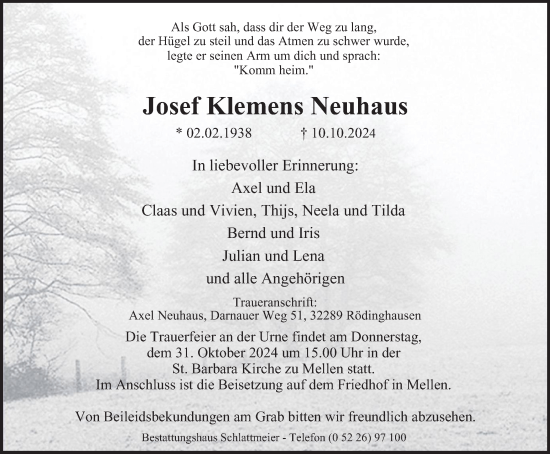 Traueranzeige von Josef Klemens Neuhaus von Tageszeitung