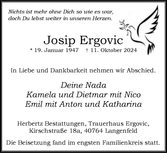 Traueranzeige von Josip Ergovic von Tageszeitung