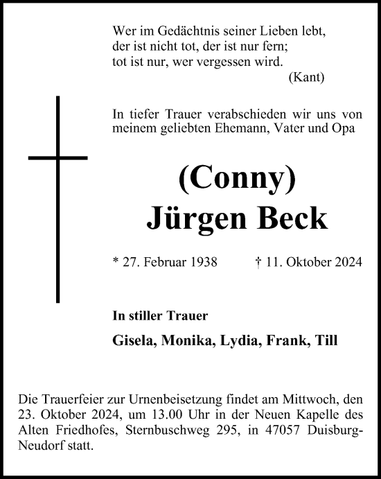 Traueranzeige von Jürgen Beck von Tageszeitung