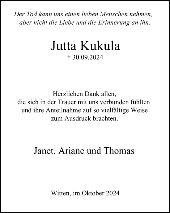 Traueranzeige von Jutta Kukula von Tageszeitung