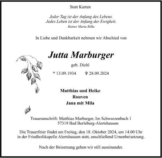Traueranzeige von Jutta Marburger von Tageszeitung