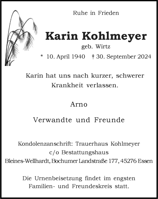 Traueranzeige von Karin Kohlmeyer von Tageszeitung