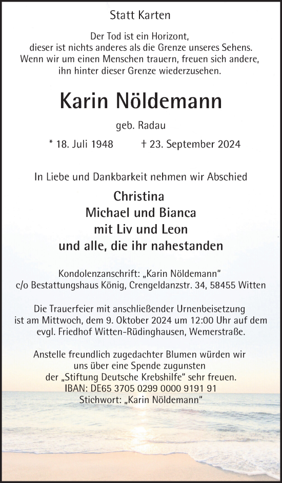 Traueranzeige von Karin Nöldemann von Tageszeitung