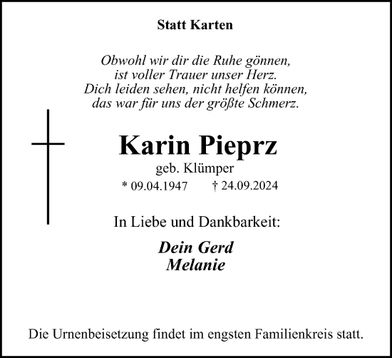 Traueranzeige von Karin Pieprz von Tageszeitung