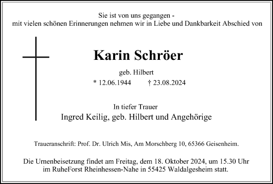 Traueranzeige von Karin Schröer von Tageszeitung