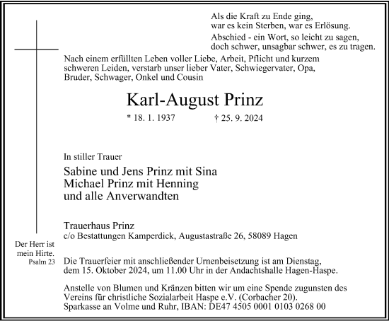 Traueranzeige von Karl-August Prinz von Tageszeitung
