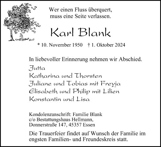 Traueranzeige von Karl Blank von Tageszeitung