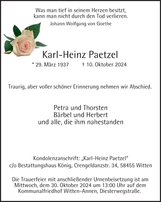Traueranzeige von Karl-Heinz Paetzel von Tageszeitung