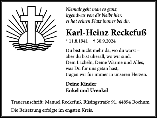Traueranzeige von Karl-Heinz Reckefuß von Tageszeitung