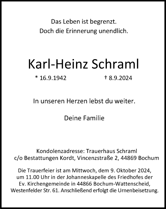 Traueranzeige von Karl-Heinz Schraml von Tageszeitung