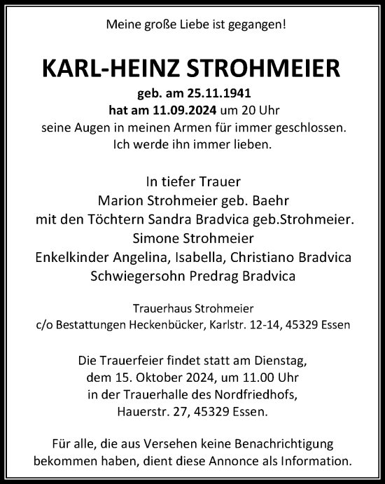 Traueranzeige von Karl-Heinz Strohmeier von Tageszeitung