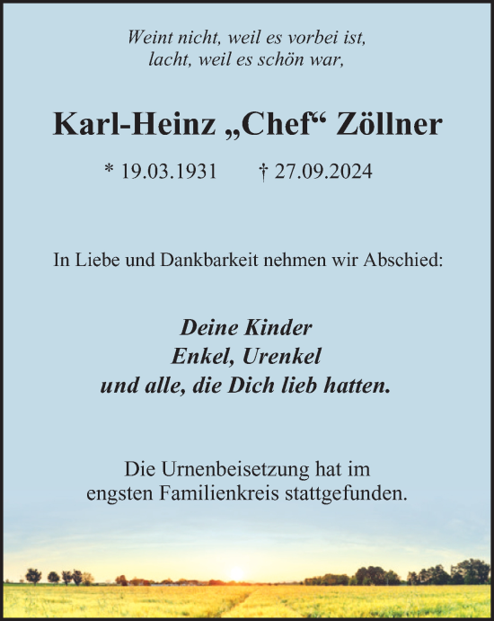 Traueranzeige von Karl-Heinz Zöllner von Tageszeitung