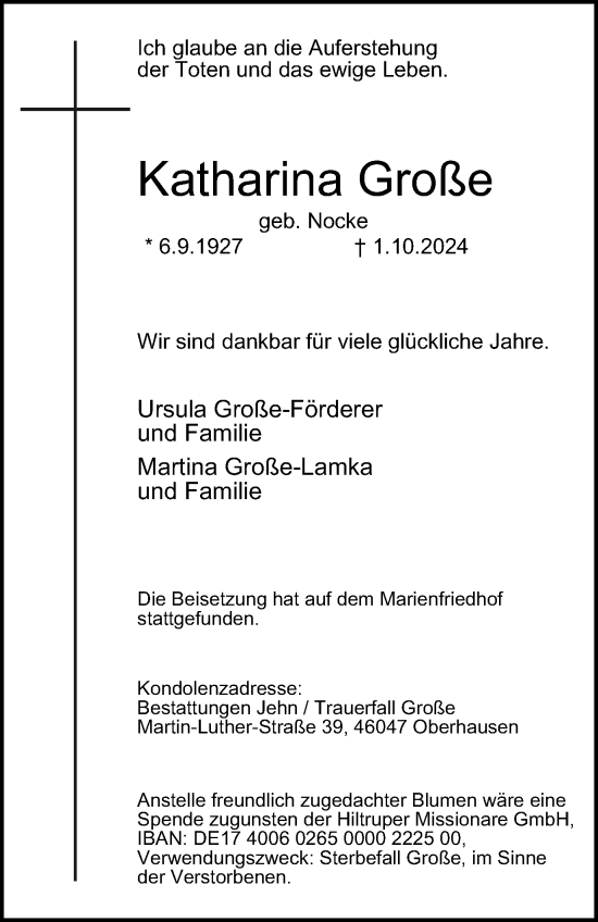 Traueranzeige von Katharina Große von Tageszeitung