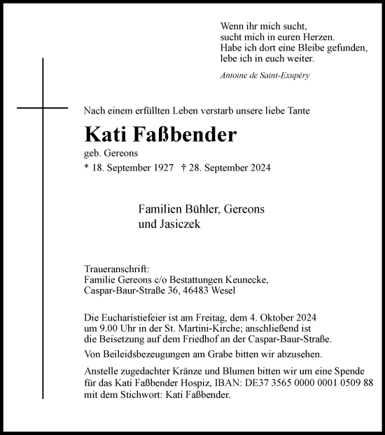 Traueranzeige von Kati Faßbender von Tageszeitung